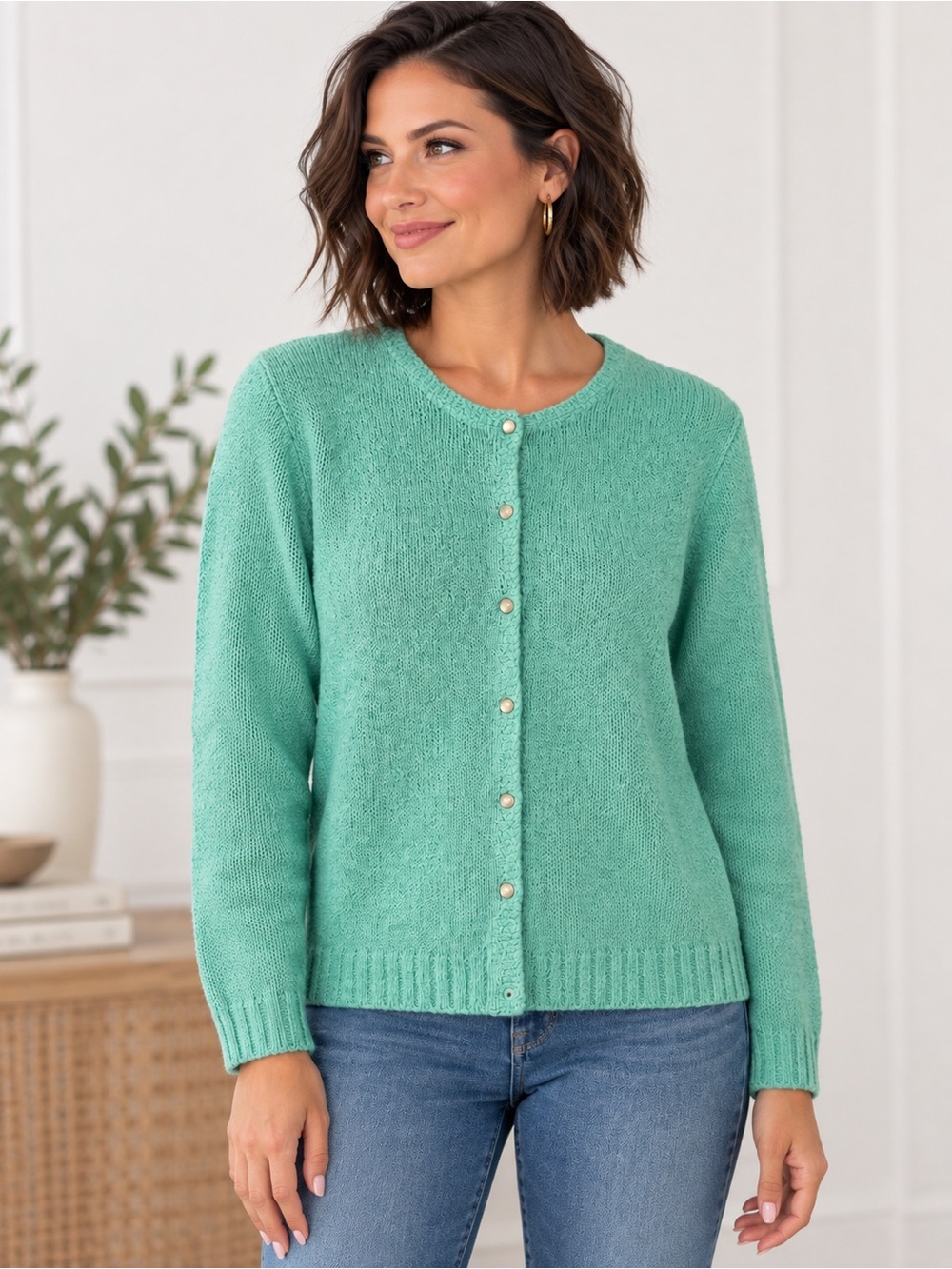 Vintage Leon Levin Hand Loomed Mint Green Knit Cardigan Size L